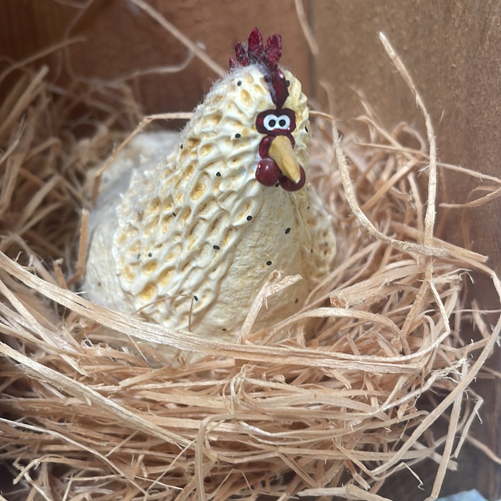 Chicken Decor - Hen in nest in antique Kraft Wood Crate